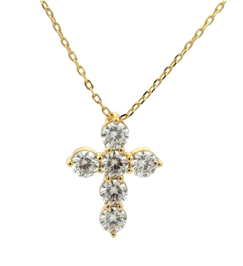 Moissanite Cross Necklace 14K Gold Plated 925 Sterling Silver